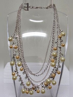 Faux Pearl and Bead Silver-tone Multi-Strand Chain Necklace